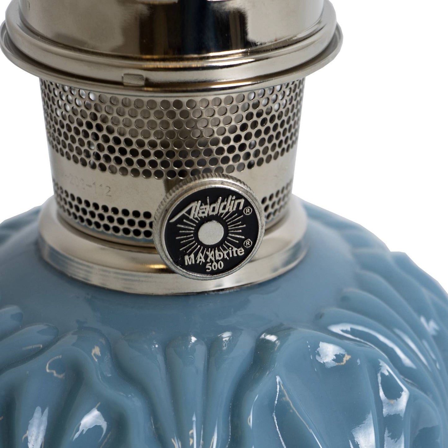 Close-up of a handcrafted limited edition oil lamp burner with perforated metal design and glossy Georgia Blue glass base, featured in Lamps & Lighting, Oil Lamps, Table Lamps, Best Sellers, and Promo Eligible collections.