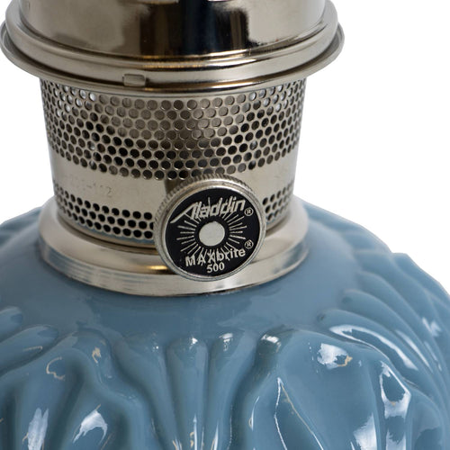 Close-up of a handcrafted limited edition oil lamp burner with perforated metal design and glossy Georgia Blue glass base, featured in Lamps & Lighting, Oil Lamps, Table Lamps, Best Sellers, and Promo Eligible collections.