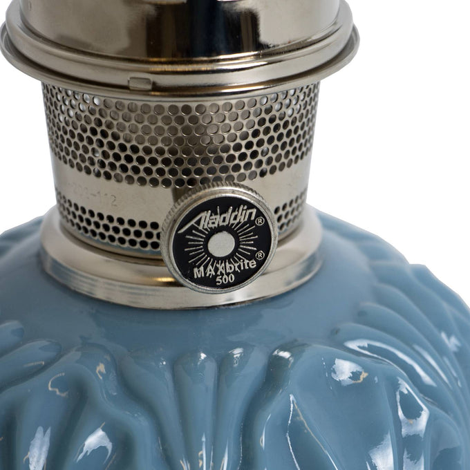 Close-up of a handcrafted limited edition oil lamp burner with perforated metal design and glossy Georgia Blue glass base, featured in Lamps & Lighting, Oil Lamps, Table Lamps, Best Sellers, and Promo Eligible collections.