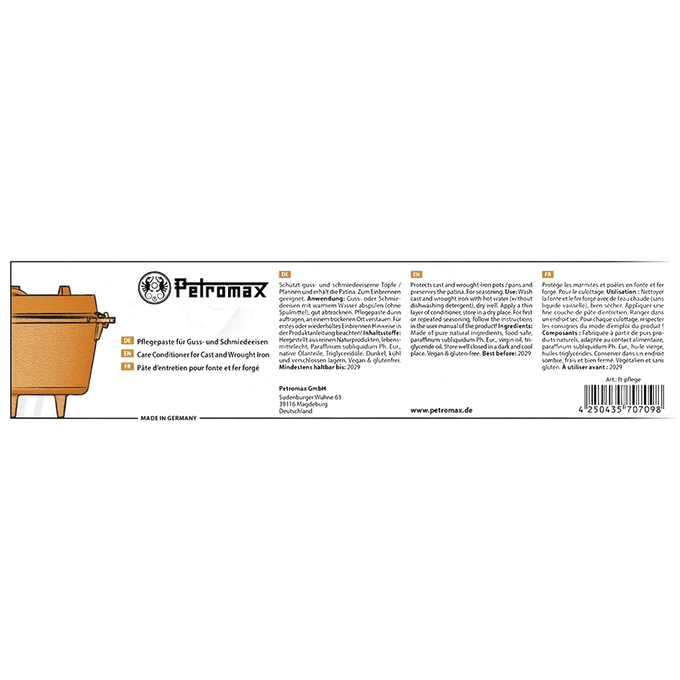 Petromax Care Conditioner label displaying product information for maintaining and preserving the finish of cast and wrought iron cookware, suitable for Kitchen & Food, Cookware, Cast Iron, Best Sellers, and Promo Eligible collections.