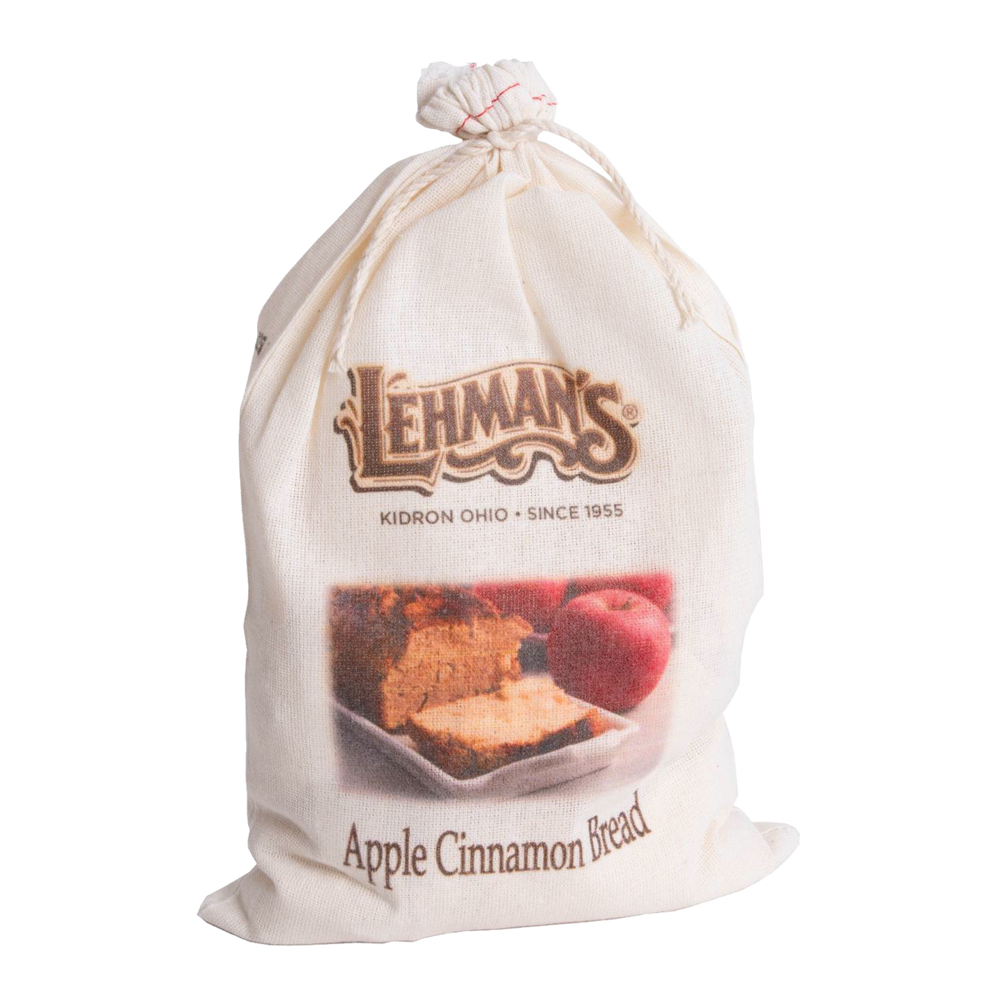 Soft fabric drawstring bag of handcrafted Apple Cinnamon Bread mix with Lehman’s logo and rustic imagery, ideal for Kitchen & Food, Pantry, Dry Goods and Mixes, Best Sellers collections.
