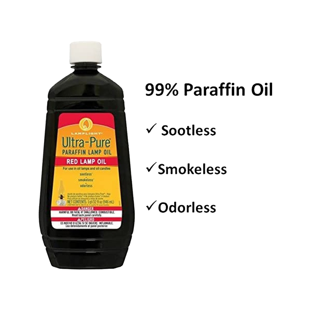 32-ounce bottle of red ultra-pure paraffin lamp oil with white cap, advertised as clean-burning, sootless, smokeless, and odorless, featured in Lamps & Lighting and Lamp and Lantern Fuel collections.