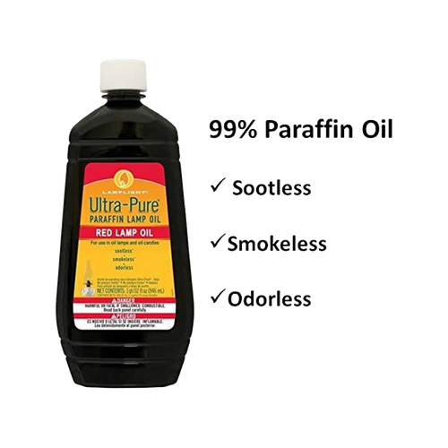 32-ounce bottle of red ultra-pure paraffin lamp oil with white cap, advertised as clean-burning, sootless, smokeless, and odorless, featured in Lamps & Lighting and Lamp and Lantern Fuel collections.