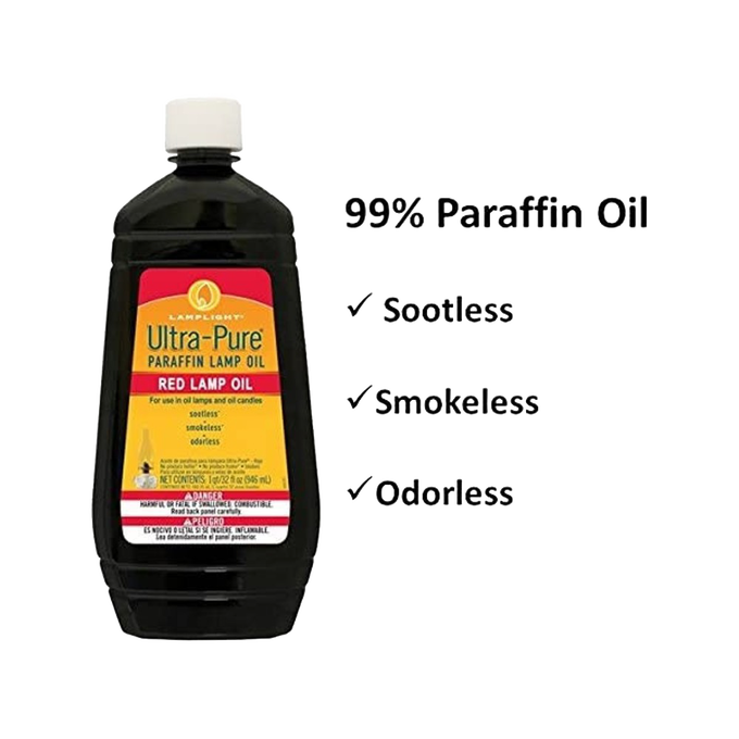 32-ounce bottle of red ultra-pure paraffin lamp oil with white cap, advertised as clean-burning, sootless, smokeless, and odorless, featured in Lamps & Lighting and Lamp and Lantern Fuel collections.