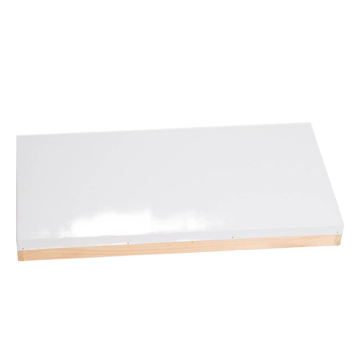 Rectangular telescoping metal hive cover with a white top and natural wood sides, handcrafted by an Amish family, ideal for beekeeping and farm tool collections.