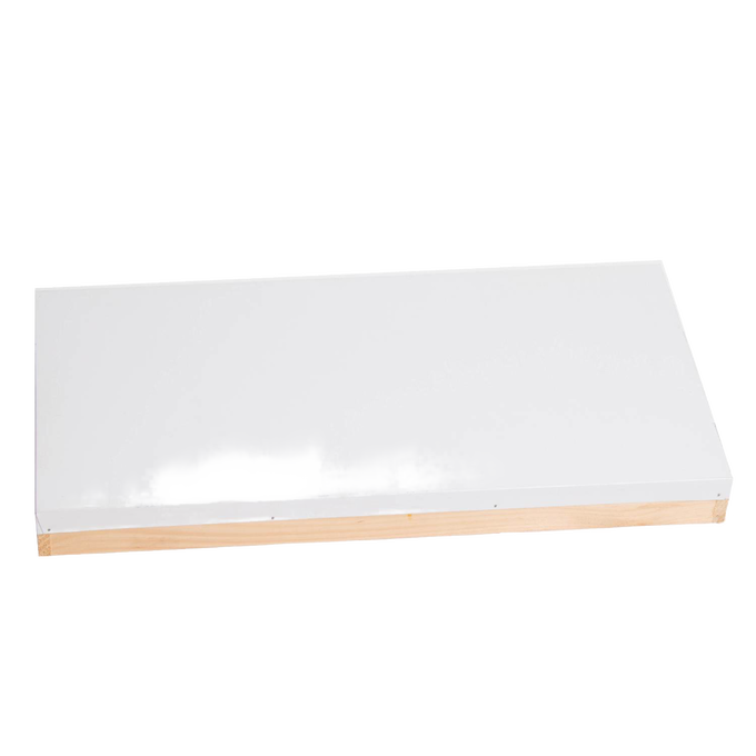 Rectangular telescoping metal hive cover with a white top and natural wood sides, handcrafted by an Amish family, ideal for beekeeping and farm tool collections.