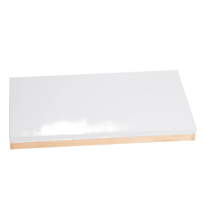 Rectangular telescoping metal hive cover with a white top and natural wood sides, handcrafted by an Amish family, ideal for beekeeping and farm tool collections.