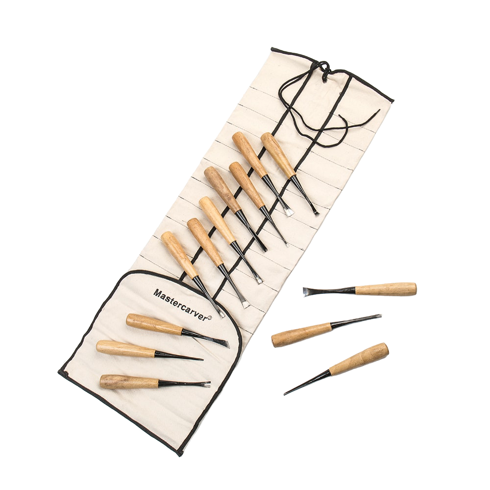 Set of 13 hand-forged wood carving tools with wooden handles arranged in a heavy-duty canvas roll, suited for farm, garden, and hand tool collections including knives and axes.