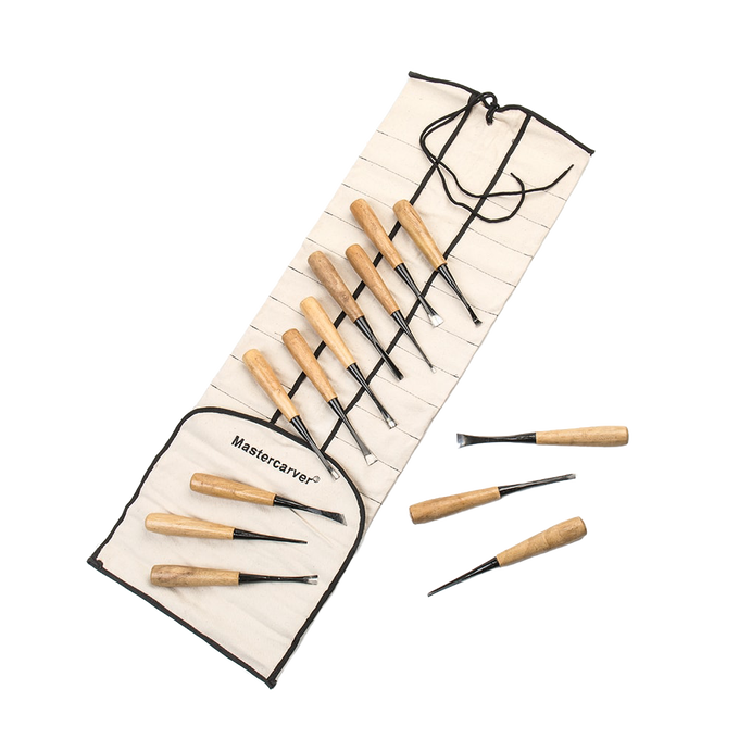 Set of 13 hand-forged wood carving tools with wooden handles arranged in a heavy-duty canvas roll, suited for farm, garden, and hand tool collections including knives and axes.
