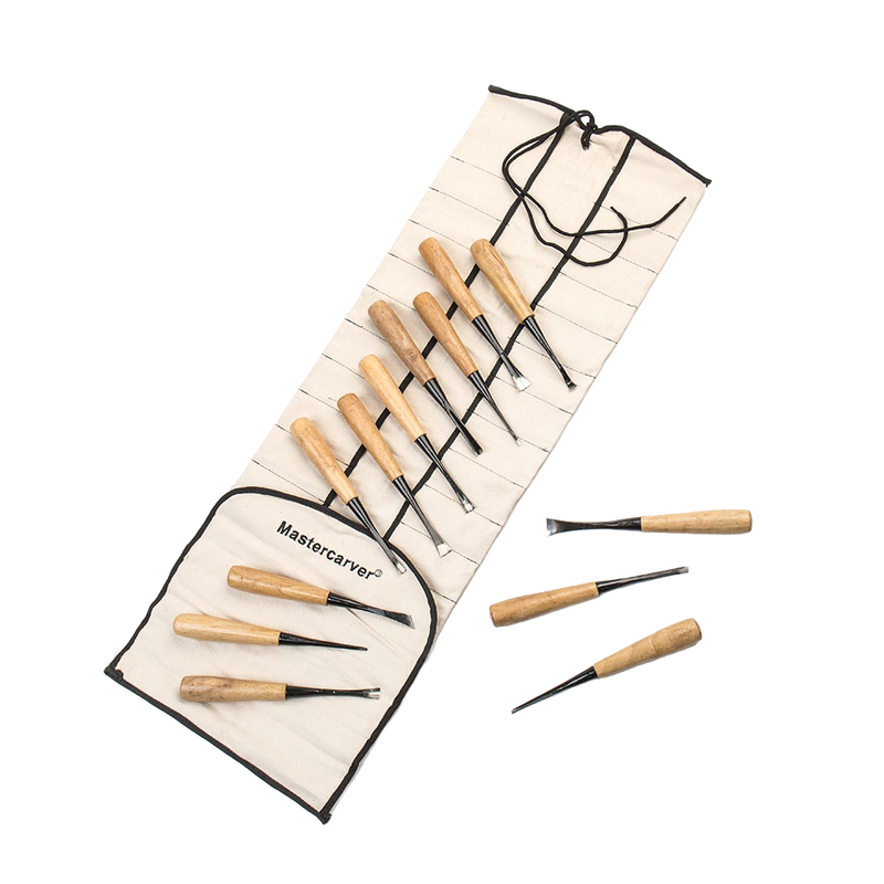Set of 13 hand-forged wood carving tools with wooden handles arranged in a heavy-duty canvas roll, suited for farm, garden, and hand tool collections including knives and axes.