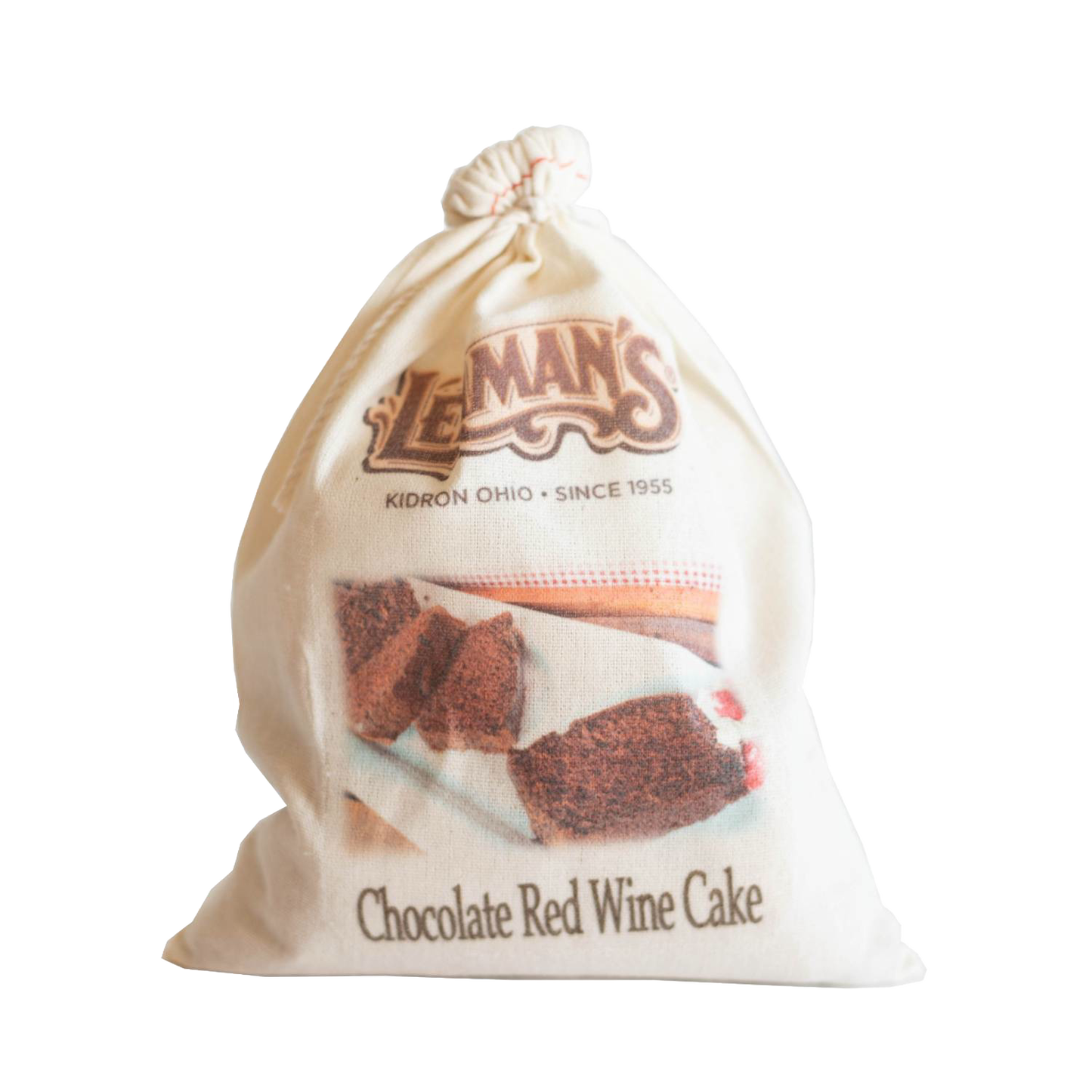 Natural fabric drawstring bag containing handcrafted chocolate red wine cake mix with clear baking instructions and nutrition information, perfect for Kitchen & Food, Pantry, Dry Goods and Mixes, Best Sellers, and Promo Eligible collections.