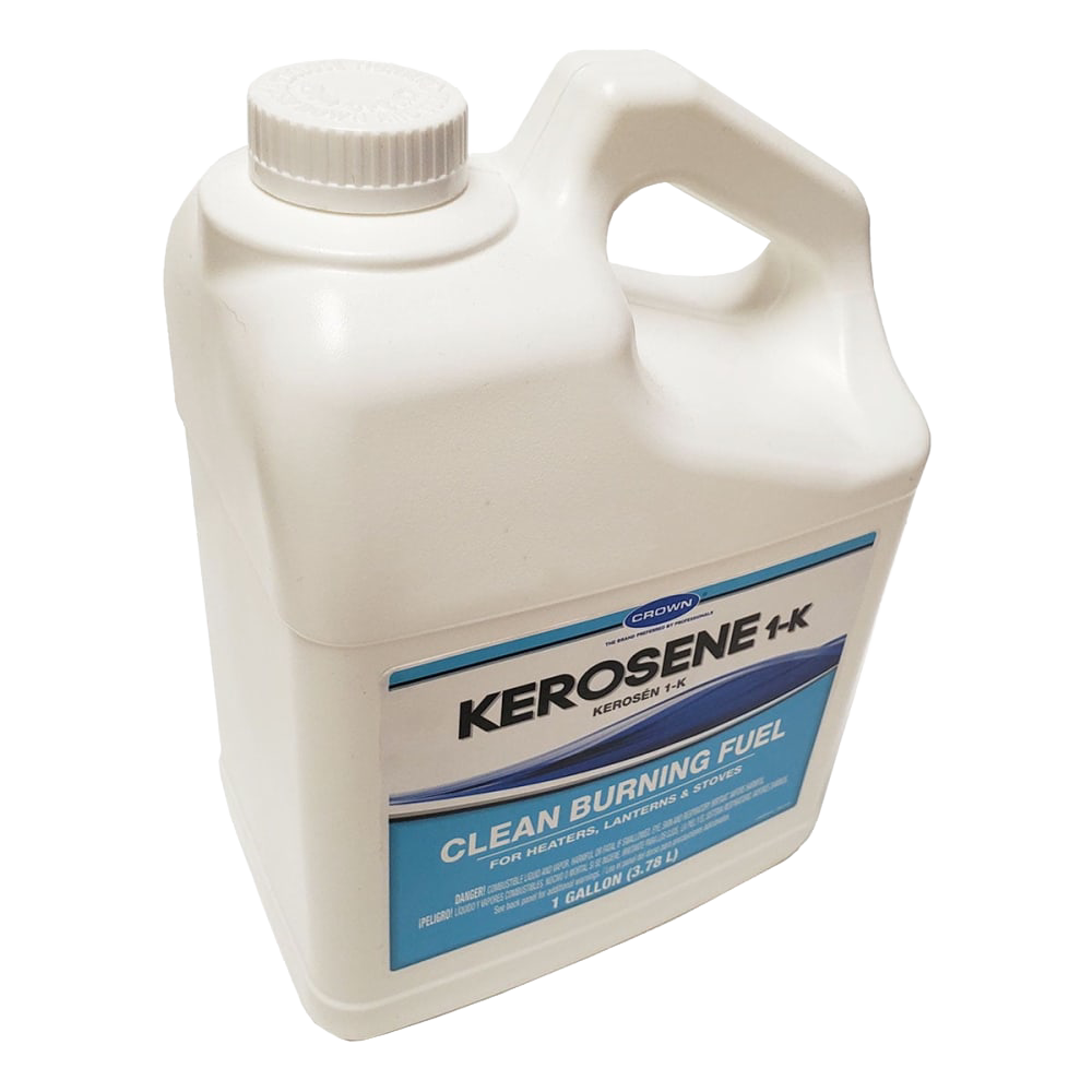 White plastic one-gallon container of K-1 grade clean burning kerosene fuel, made in USA, suitable for use in heaters, lamps, lanterns, stoves, and part of farm, garden, and emergency supply collections.