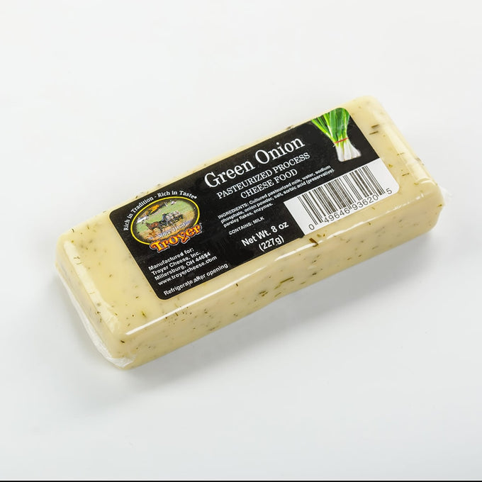 Handcrafted shelf-stable green onion flavored pasteurized cheese food block in an 8-ounce package, made in USA, perfect for Kitchen & Food, Snacks and Sweets, Pantry, USA Made, Best Sellers, and Promo Eligible collections.