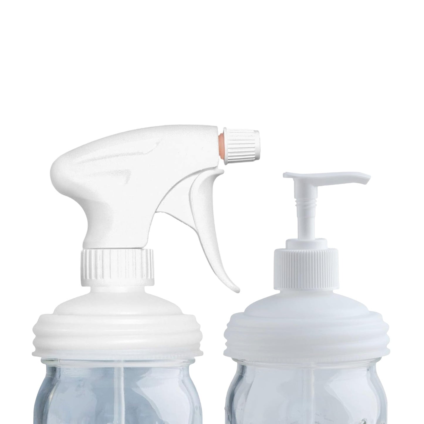Set of two durable white sprayer and pump lids with adjustable no-break plastic tops, designed to fit regular-mouth jars, ideal for Home & Decor, Household Helpers, USA Made, and Best Sellers collections.