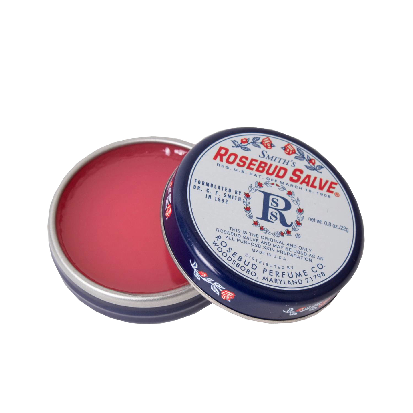 Open round metal tin of handcrafted Original Rosebud Salve in a petrolatum base with light rose scent, made in USA, featured in Health & Wellness and Health Remedies collections.