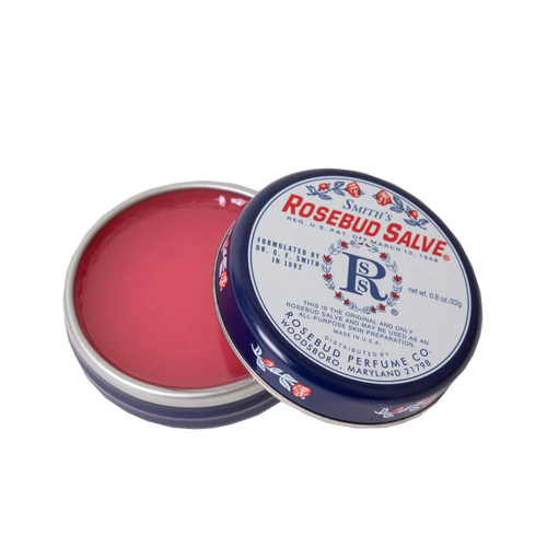 Open round metal tin of handcrafted Original Rosebud Salve in a petrolatum base with light rose scent, made in USA, featured in Health & Wellness and Health Remedies collections.