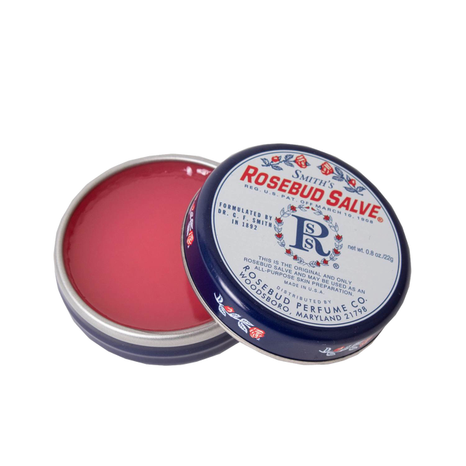 Open round metal tin of handcrafted Original Rosebud Salve in a petrolatum base with light rose scent, made in USA, featured in Health & Wellness and Health Remedies collections.