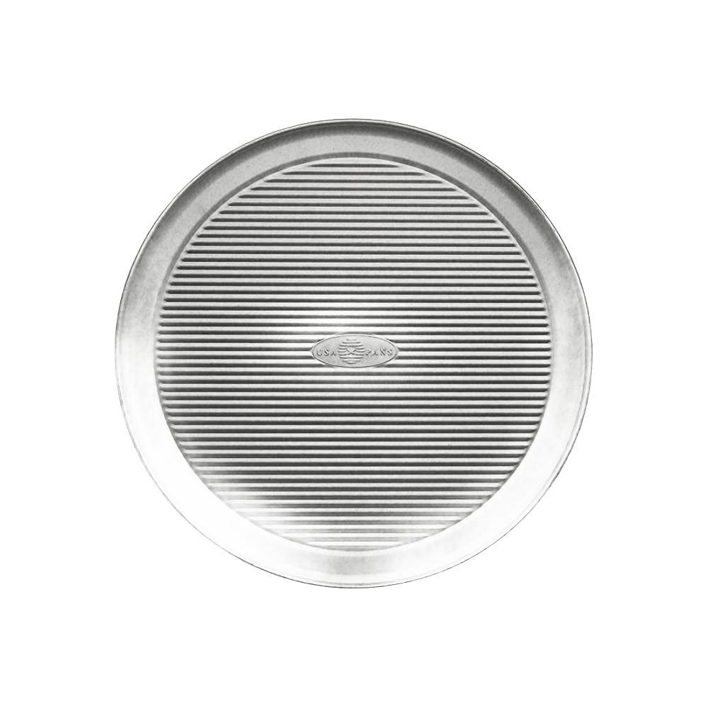 12-inch round aluminized steel pizza pan with fluted surface for even baking and crispy crusts, crafted in the USA, part of Kitchen & Food, Cookware, and Baking Supplies collections.
