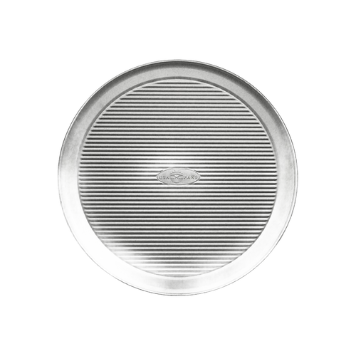 12-inch round aluminized steel pizza pan with fluted surface for even baking and crispy crusts, crafted in the USA, part of Kitchen & Food, Cookware, and Baking Supplies collections.