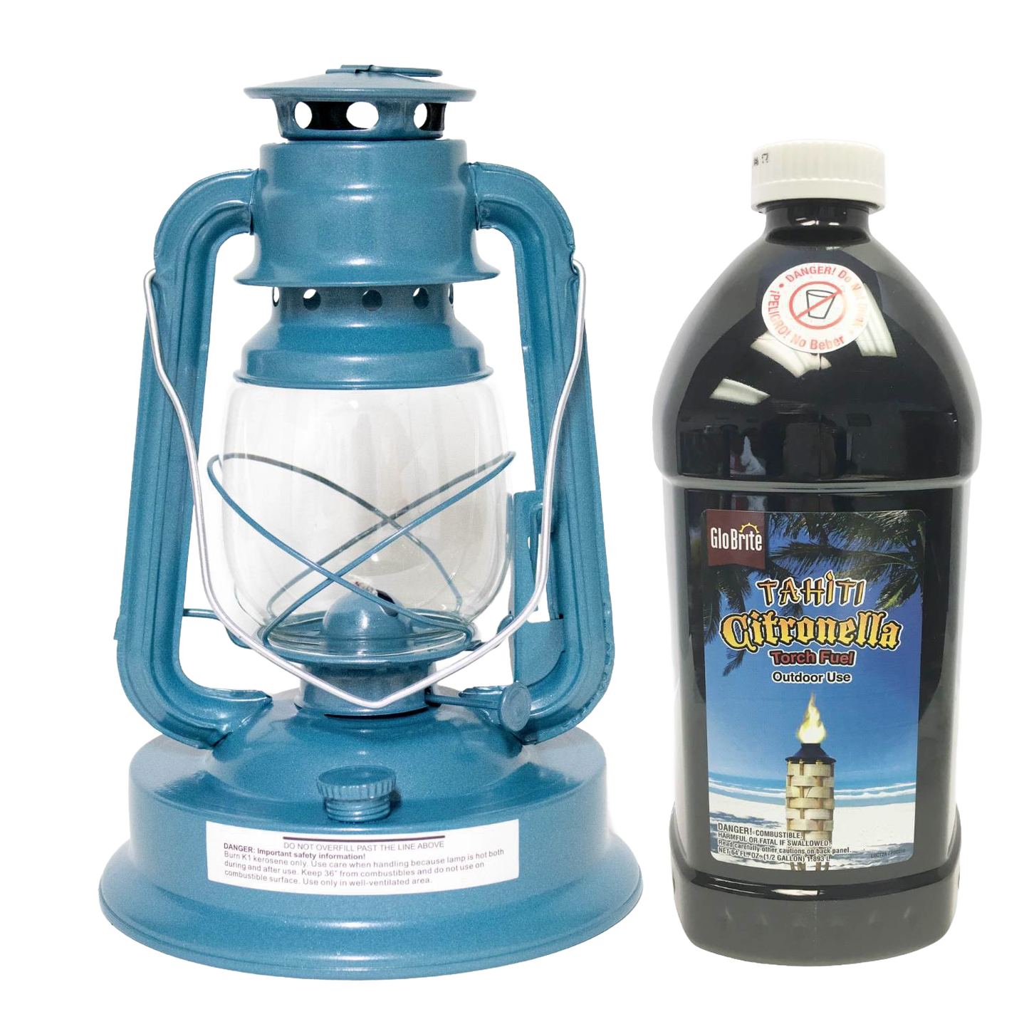 Blue metal mosquito-repellent lantern with clear glass globe next to a black plastic bottle of citronella torch fuel, ideal for outdoor use in farm, garden, camping, and pest control settings.