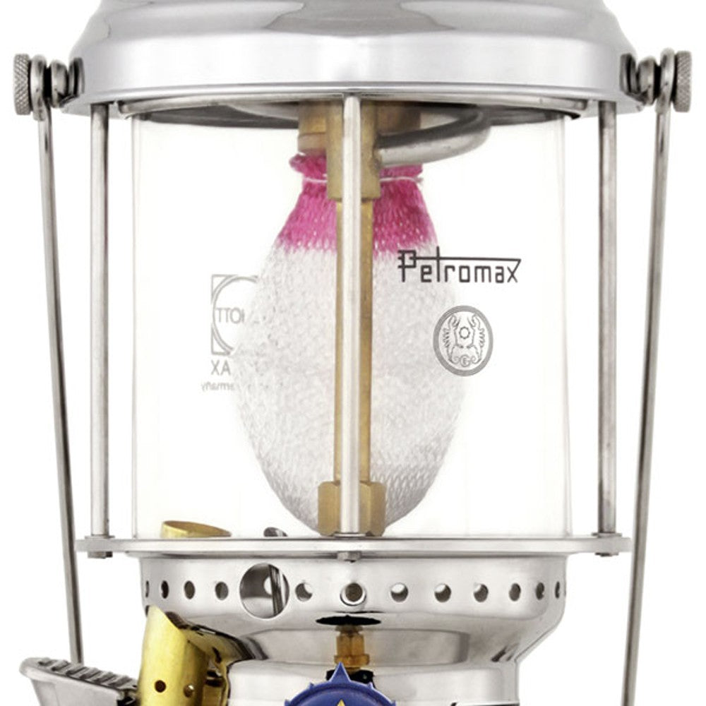 Close-up view of a classic Petromax pressure lamp featuring a clear glass globe and metal frame, ideal for Lamps & Lighting, Parts and Accessories, and Best Sellers collections.