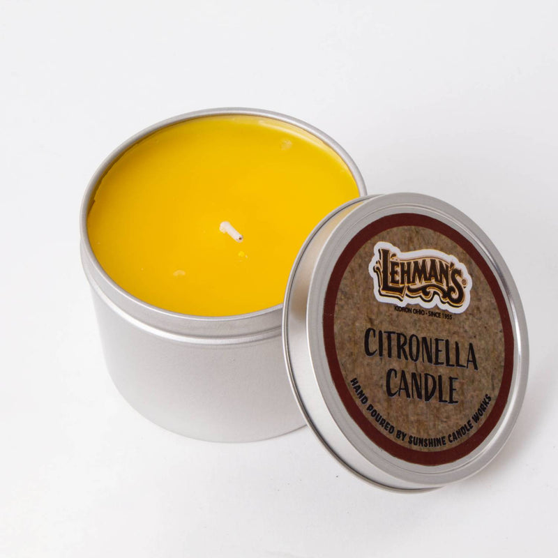 Hand-poured Amish-made bright yellow citronella candle in a lightweight metal tin with branded lid, perfect for outdoor use in camping, pest control, and garden lighting collections.
