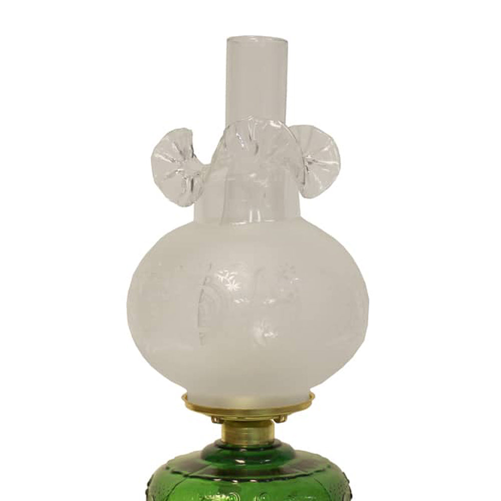 Unique handcrafted oil lamp featuring a frosted etched glass chimney with decorative flared accents, heavy brass-plated burner, and green sculptured base, ideal for Lamps & Lighting, Oil Lamps, Table Lamps, Best Sellers, and Promo Eligible collections.