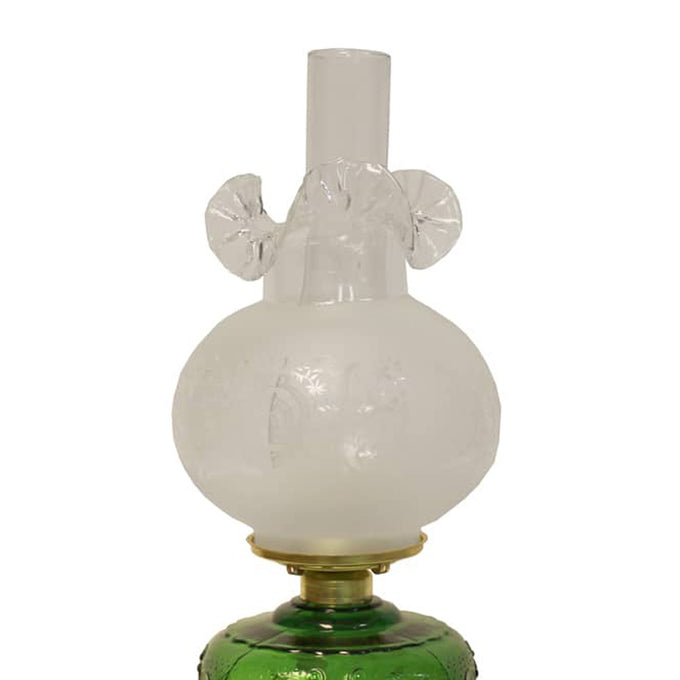 Unique handcrafted oil lamp featuring a frosted etched glass chimney with decorative flared accents, heavy brass-plated burner, and green sculptured base, ideal for Lamps & Lighting, Oil Lamps, Table Lamps, Best Sellers, and Promo Eligible collections.