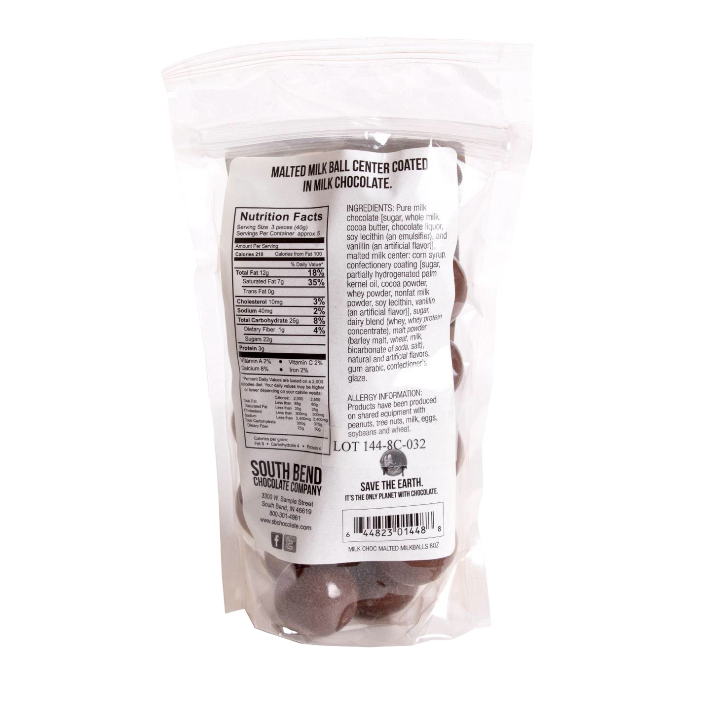 Clear resealable bag of handcrafted milk chocolate covered malted milk balls showing nutritional facts, allergen information, and ingredients, featured in Kitchen & Food, Snacks and Sweets, Candy, USA Made, and Best Sellers collections.