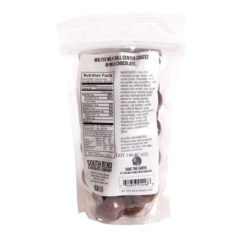 Clear resealable bag of handcrafted milk chocolate covered malted milk balls showing nutritional facts, allergen information, and ingredients, featured in Kitchen & Food, Snacks and Sweets, Candy, USA Made, and Best Sellers collections.