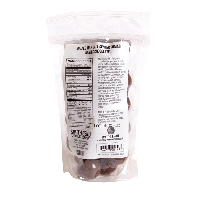 Clear resealable bag of handcrafted milk chocolate covered malted milk balls showing nutritional facts, allergen information, and ingredients, featured in Kitchen & Food, Snacks and Sweets, Candy, USA Made, and Best Sellers collections.