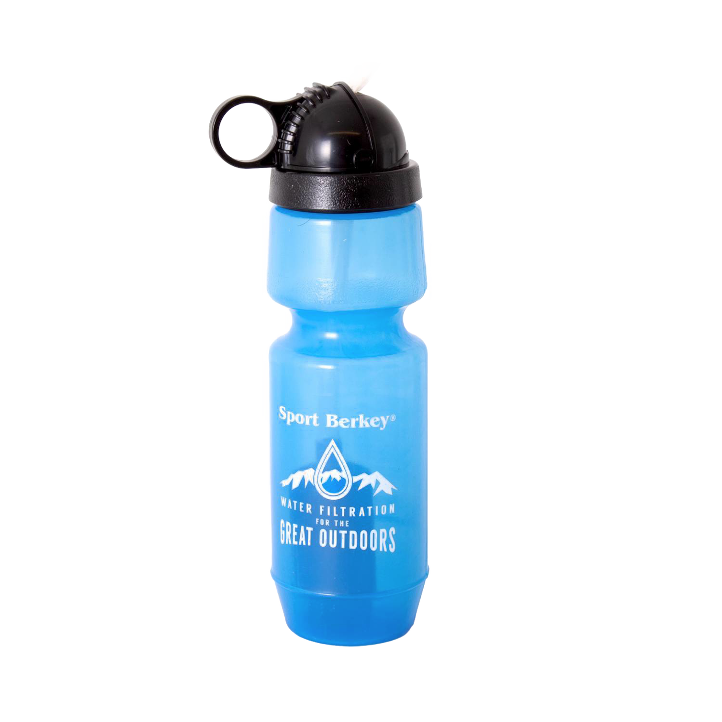 Blue Sport Berkey water bottle filter with black cap and attached loop, designed for outdoor water filtration, suitable for Farm, Garden & Tool, Camping, and Emergency Supplies collections.