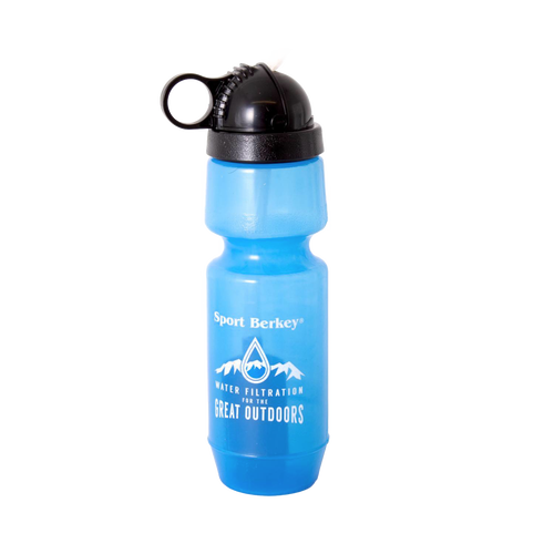 Blue Sport Berkey water bottle filter with black cap and attached loop, designed for outdoor water filtration, suitable for Farm, Garden & Tool, Camping, and Emergency Supplies collections.