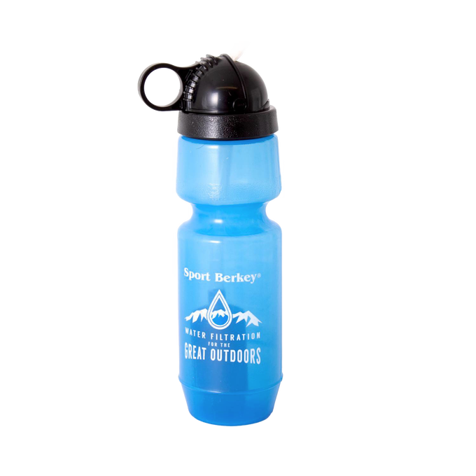 Blue Sport Berkey water bottle filter with black cap and attached loop, designed for outdoor water filtration, suitable for Farm, Garden & Tool, Camping, and Emergency Supplies collections.