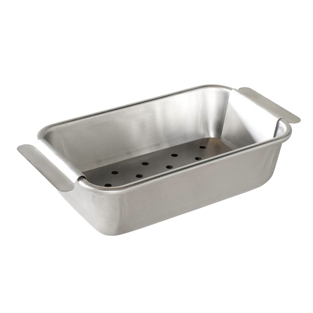 Aluminum loaf pan with a perforated trivet for fat draining, featuring sturdy handles and reinforced rims, crafted in the USA; ideal for Kitchen & Food, Cookware, Baking Supplies, and Pots and Pans collections.
