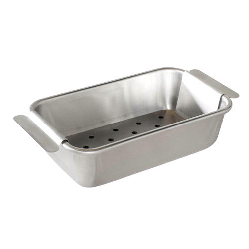 Aluminum loaf pan with a perforated trivet for fat draining, featuring sturdy handles and reinforced rims, crafted in the USA; ideal for Kitchen & Food, Cookware, Baking Supplies, and Pots and Pans collections.