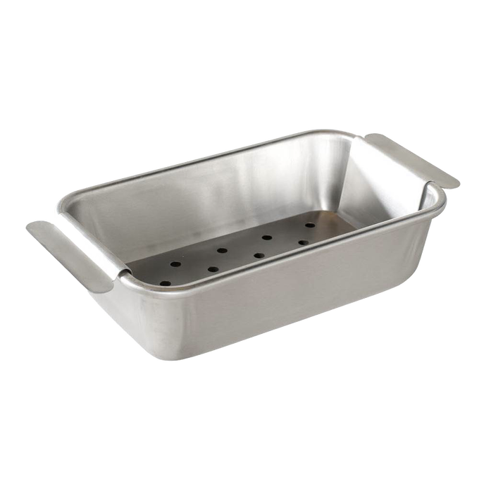 Aluminum loaf pan with a perforated trivet for fat draining, featuring sturdy handles and reinforced rims, crafted in the USA; ideal for Kitchen & Food, Cookware, Baking Supplies, and Pots and Pans collections.
