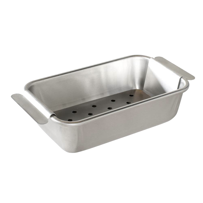 Aluminum loaf pan with a perforated trivet for fat draining, featuring sturdy handles and reinforced rims, crafted in the USA; ideal for Kitchen & Food, Cookware, Baking Supplies, and Pots and Pans collections.
