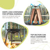 Metal vertical firewood holder containing upright logs with airflow arrows showing oxygenation and a sturdy top rack supporting a cast iron pan, ideal for camping in Farm, Garden & Tool and Best Sellers collections.