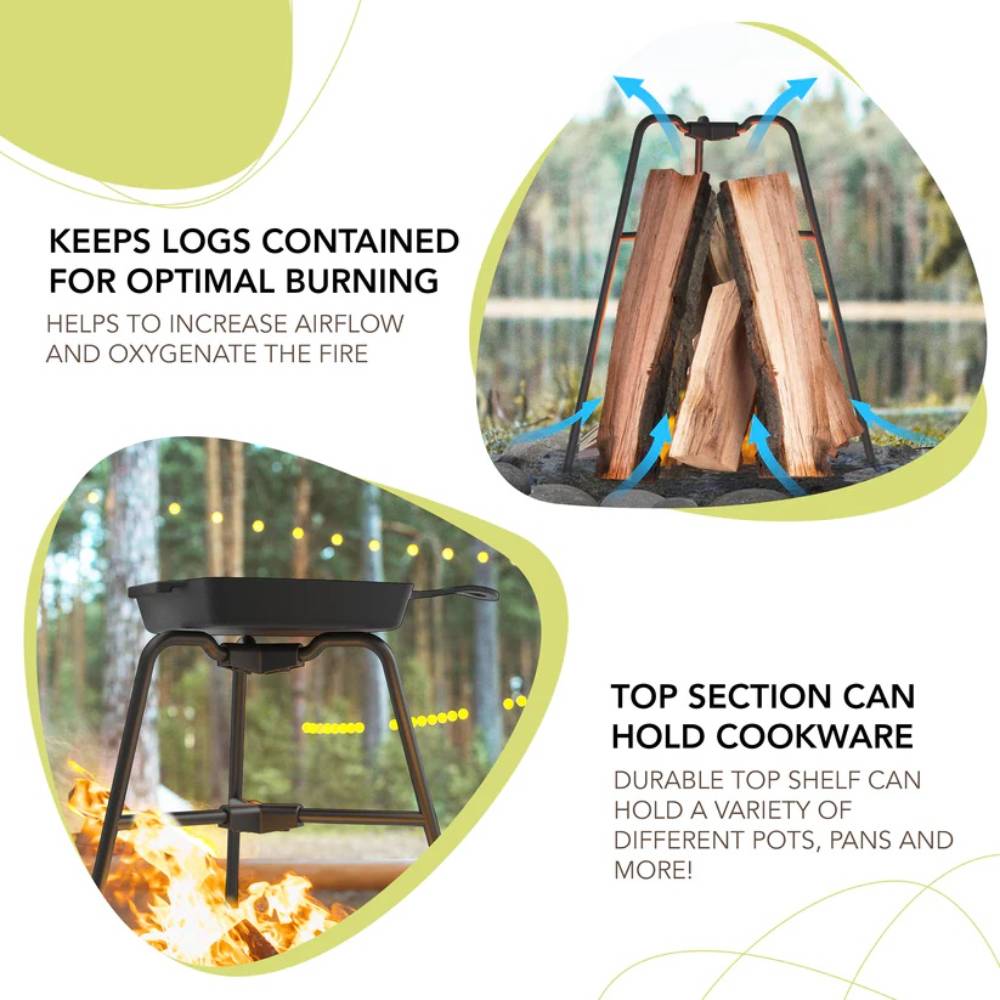 Metal vertical firewood holder containing upright logs with airflow arrows showing oxygenation and a sturdy top rack supporting a cast iron pan, ideal for camping in Farm, Garden & Tool and Best Sellers collections.