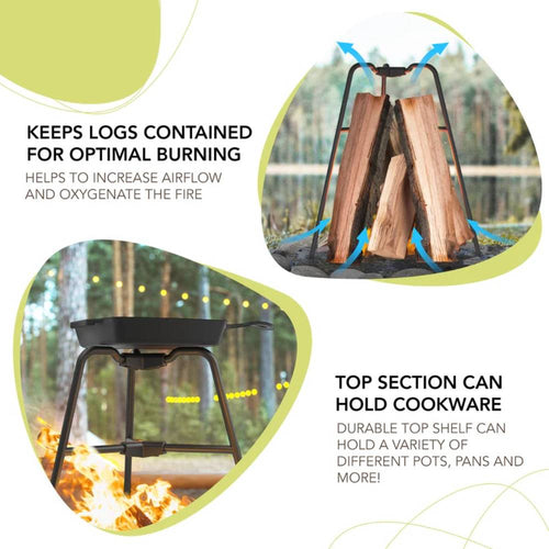 Metal vertical firewood holder containing upright logs with airflow arrows showing oxygenation and a sturdy top rack supporting a cast iron pan, ideal for camping in Farm, Garden & Tool and Best Sellers collections.
