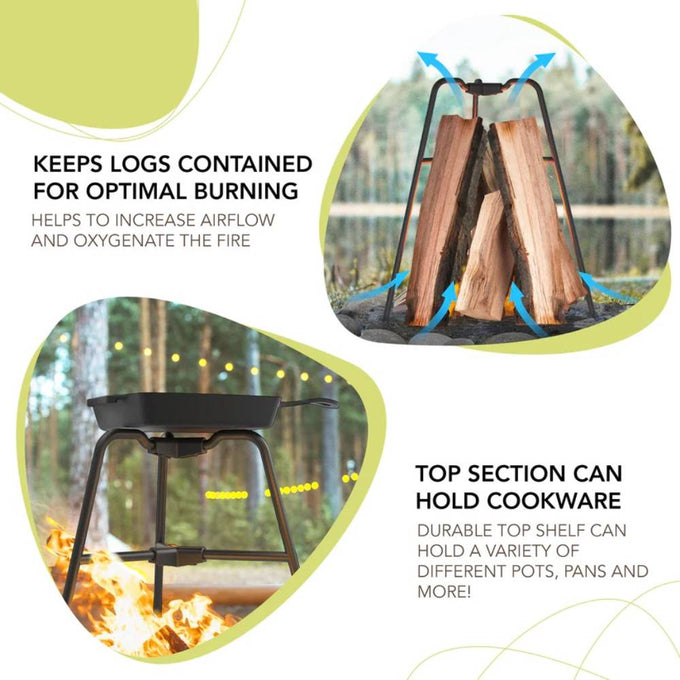 Metal vertical firewood holder containing upright logs with airflow arrows showing oxygenation and a sturdy top rack supporting a cast iron pan, ideal for camping in Farm, Garden & Tool and Best Sellers collections.