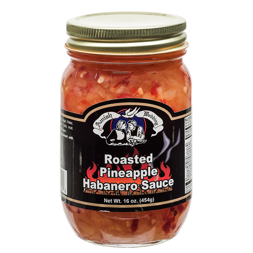 Glass jar of roasted pineapple habanero sauce with gold lid and black label featuring a traditional style logo, part of Kitchen & Food, Pantry, and USA Made collections.