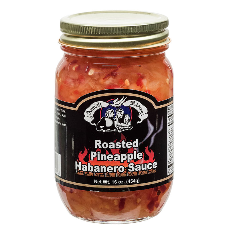 Glass jar of roasted pineapple habanero sauce with gold lid and black label featuring a traditional style logo, part of Kitchen & Food, Pantry, and USA Made collections.