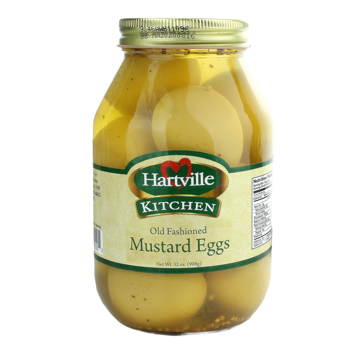 Glass jar of old fashioned mustard eggs in yellow brine with metal lid and vintage label, handcrafted and made in USA, ideal for Kitchen & Food, Pantry, Best Sellers, and Promo Eligible collections.