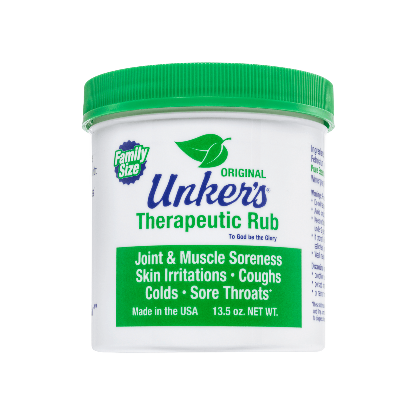 White container with green lid of handcrafted therapeutic rub offering relief for joint and muscle soreness, skin irritations, coughs, colds, and sore throats, crafted in USA and featured in Health & Wellness, Health Remedies, USA Made, Best Sellers, and Promo Eligible collections.