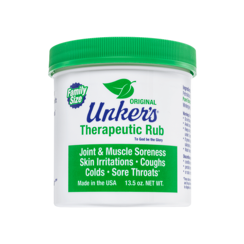 White container with green lid of handcrafted therapeutic rub offering relief for joint and muscle soreness, skin irritations, coughs, colds, and sore throats, crafted in USA and featured in Health & Wellness, Health Remedies, USA Made, Best Sellers, and Promo Eligible collections.