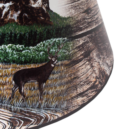 Close-up of an Amish-made parchment lamp shade featuring a detailed Rocky Mountain scene with a stag by a forest and river, perfect for Lamps & Lighting and Parts and Accessories collections.