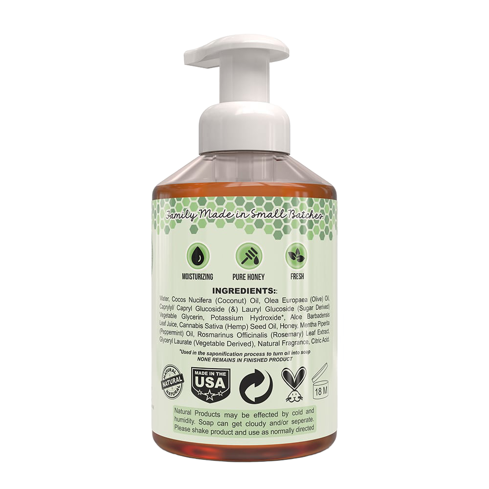 Back view of natural foaming hand soap bottle highlighting moisturizing, pure honey ingredients, USA made label, and recycled packaging info for Health & Wellness and Soaps collections.