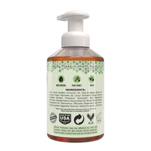 Back view of natural foaming hand soap bottle highlighting moisturizing, pure honey ingredients, USA made label, and recycled packaging info for Health & Wellness and Soaps collections.